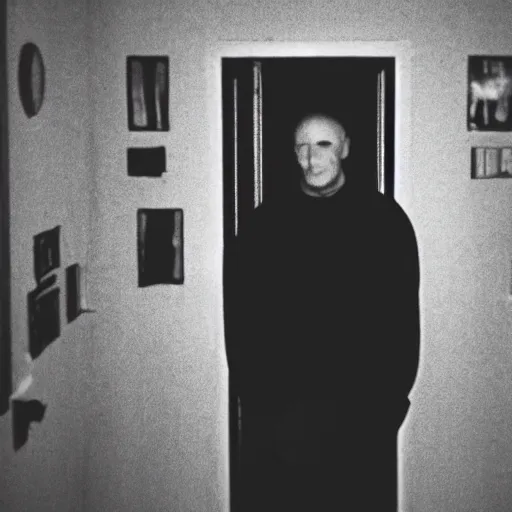 Image similar to a flash photo of creepy man with an unnatural posture standing in a vantablack russian basement from the horror movie rec, uncanny valley, shaky camera, it is deformed and is staring at the camera from the end of a dark liminal hallway. caught on vhs, film grain, national geographic award winning photography,