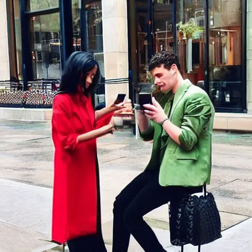 Prompt: modern day cleopatra sitting at starbucks using a phone. modern day julius caesar standing next to her with an umbrella at hand. hyper realistic.