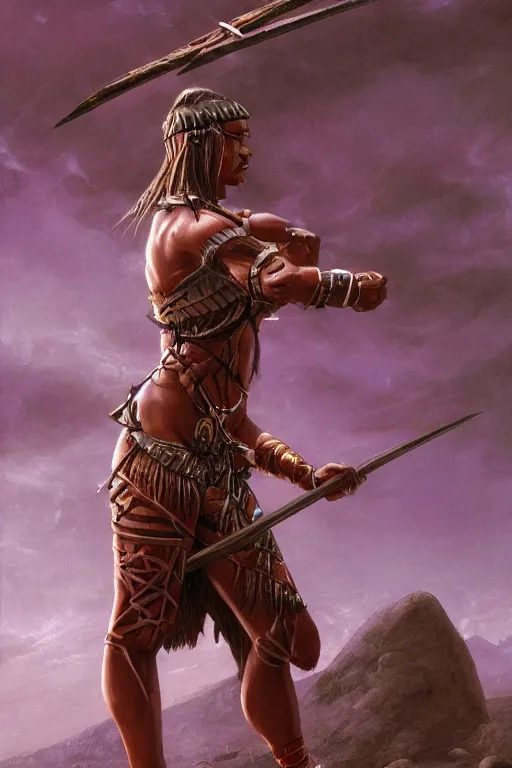 Image similar to ethnic warrior female toned body, wearing tribal armor, holding wodden spear, by thomas cole and wayne barlowe 8 k, high detail, fantasy art, dnd, artstation,