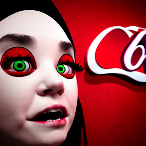 Image similar to 3 d render of the coke logo personified as a soda themed girl, large creepy eyes, extremely detailed and colorful eyes, soda themed girl, hyper detailed money sign pupils, tim burton, junji ito, her forehead has the coke logo carved into it, dollar sign pupils, extremely uncomfortable, money everywhere, cash falling, coke flood, blender 3 d, unreal engine