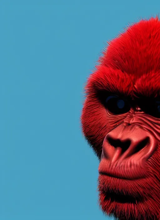 Image similar to a close up of a red gorillas face with blue eyes, an album cover by jacob toorenvliet, featured on behance, cubo - futurism, rendered in cinema 4 d, sketchfab, rendered in maya, red shift, synthwave, by enguerrand quarton, by alesso baldovinetti, 3 d render, holography,