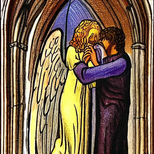 Image similar to angel protecting man who is praying inside a gothic church, dreams style