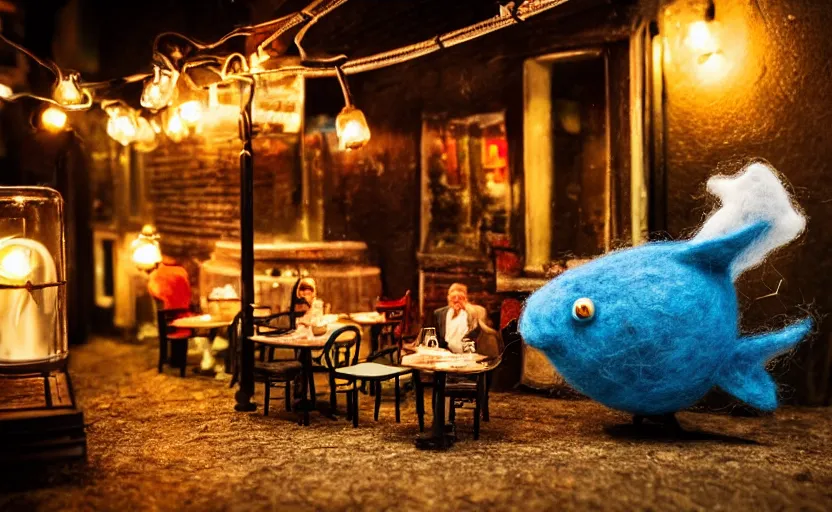 Image similar to miniature cafe diorama, macro photography, cafe with felted anglerfish on a date, alleyway, ambient, atmospheric, british, cozy, bokeh, romantic, colorful lanterns