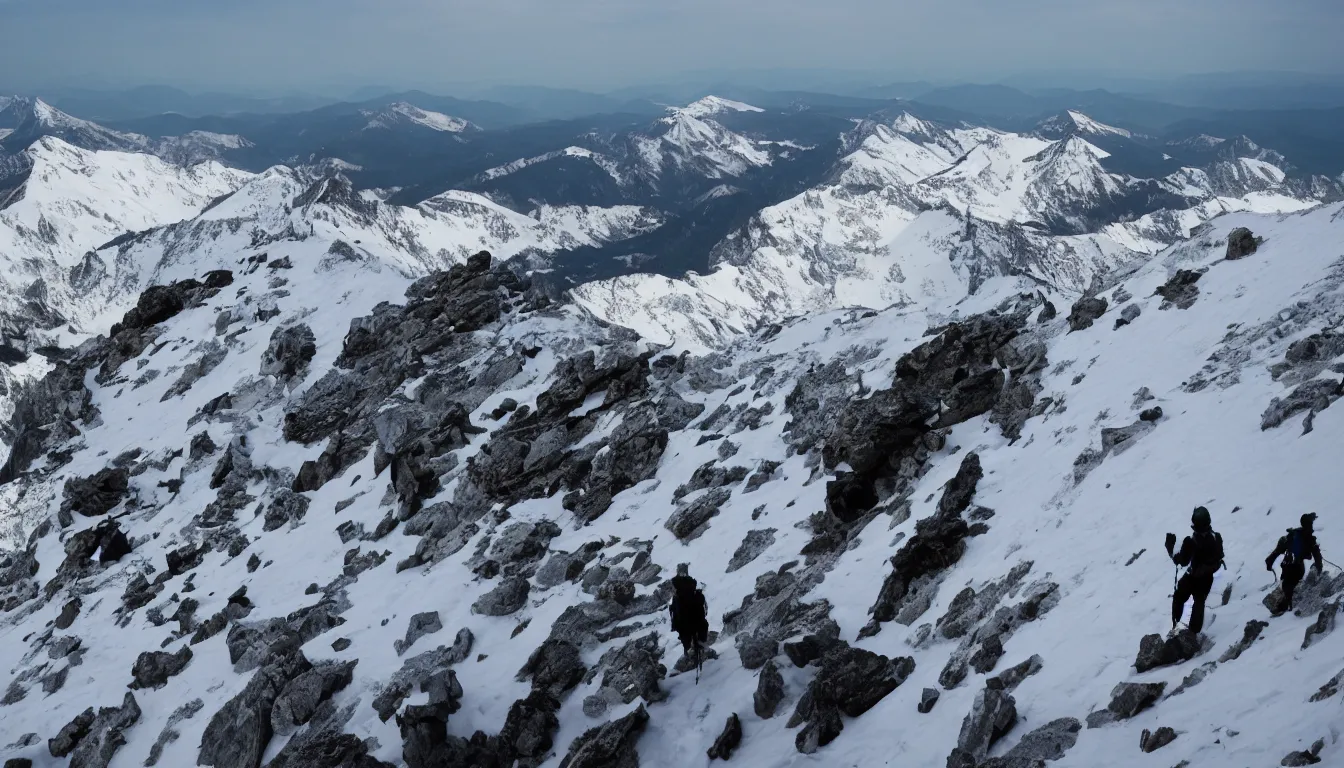 Image similar to mountaineers hiking, view from above, kilian eng, silhouettes