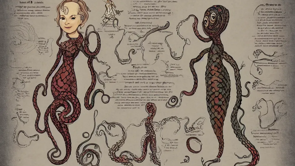 Prompt: aged paper, colorful character sheet for a stocky alien extraterrestrial victorian female servant maid with thick snake - like tentacles instead of hair, long dress with apron, jim henson creature shop, coherent, illustration, digital art, trending on artstation, hd, 8 k, good lighting, beautiful, rough paper, masterpiece