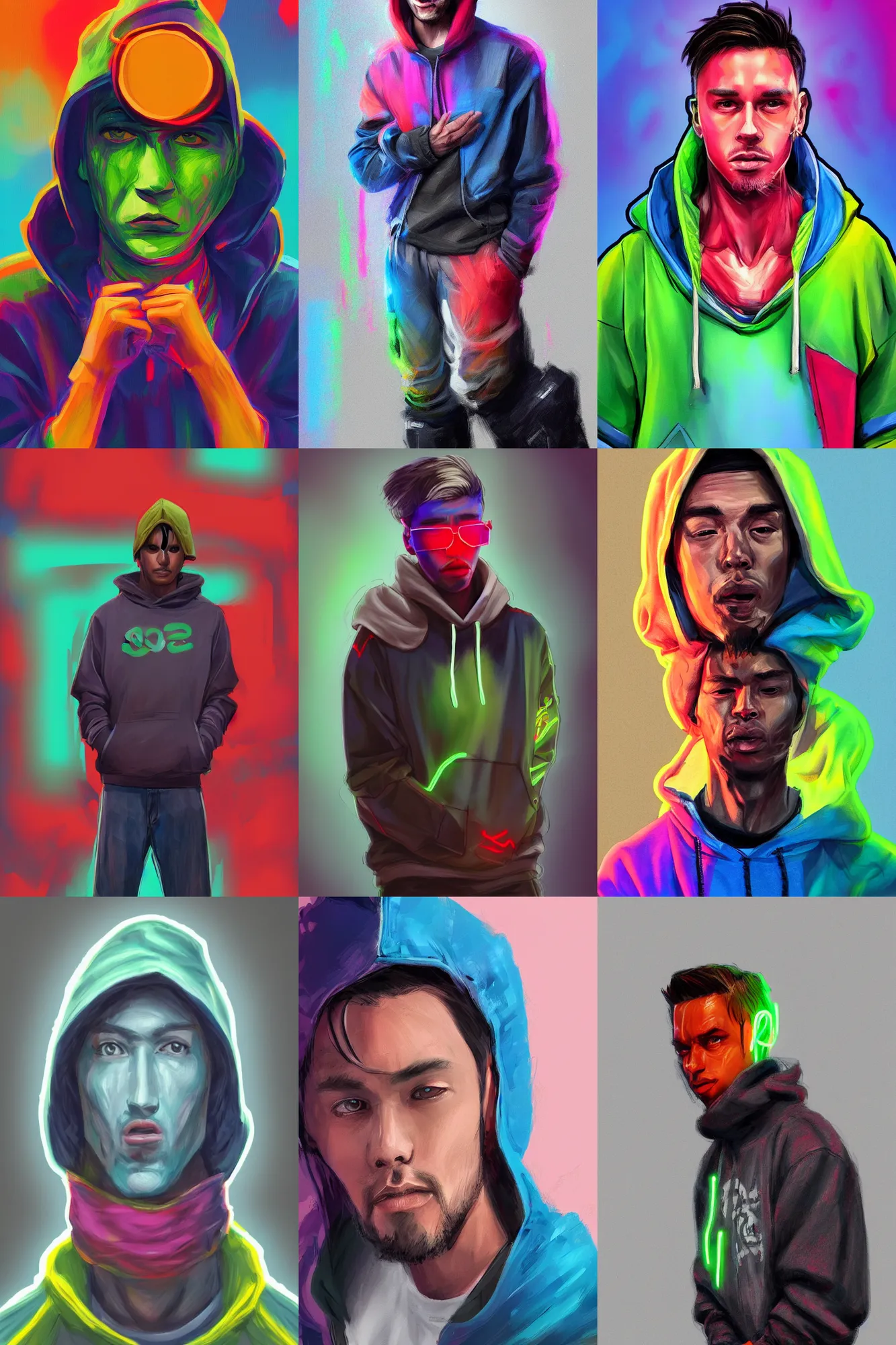 Prompt: a full body realistic concept art portrait digital painting of a single man dressed in 90s street clothing and a hoodie with face and body clearly visible by Neon Yang, valorant, artstation trending, high quality, happy mood, artstation trending, vibrant colours, no crop, no helmet, entire character, blank background, SFW,