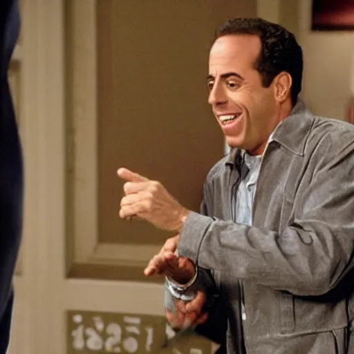 Prompt: Jerry Seinfeld with lots of scary looking realistic sharp pointy teeth, highly detailed movie still