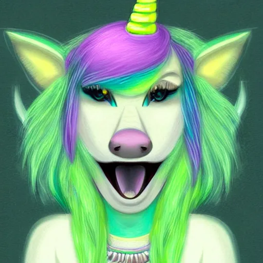 Image similar to Beautiful digital painting of an anthro anthropomorphic pastel-green unicorn-wolf hybrid, Punk outfit.