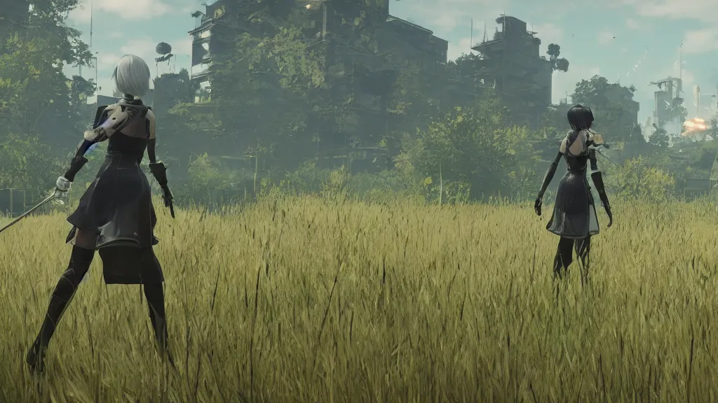 Image similar to Screenshot from Nier Automata in a beautiful countryside field