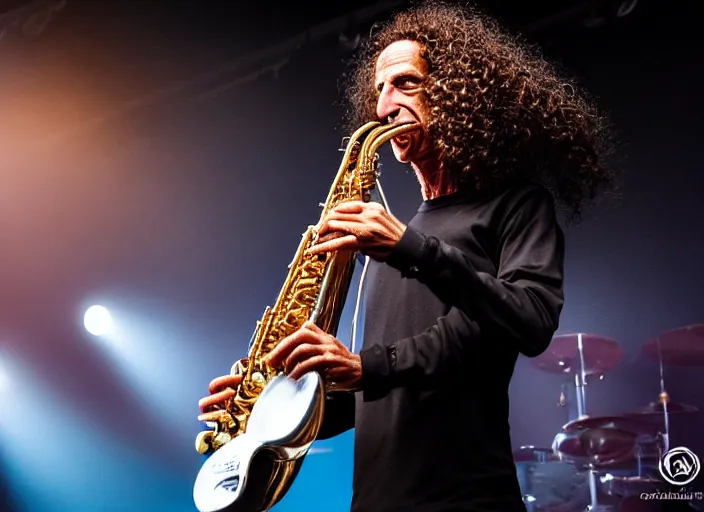 Image similar to photo still of kenny g on stage at vans warped tour!!!!!!!! at age 3 8 years old 3 8 years of age!!!!!!! playing saxophone, 8 k, 8 5 mm f 1. 8, studio lighting, rim light, right side key light