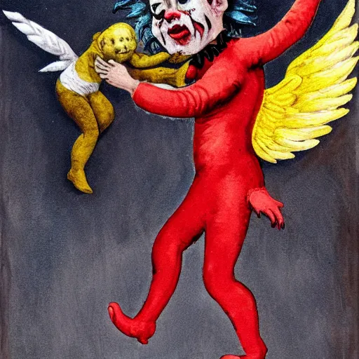 Prompt: demonic hell clown juggling with an angel clown.