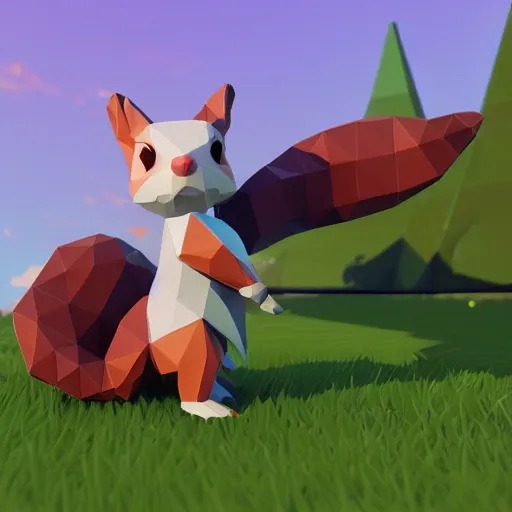 Image similar to low - poly squirrel, 3 d render, blender, unity, octave, 4 k, isometric view, white background, beautiful render, pastel colours, breath of the wild art style