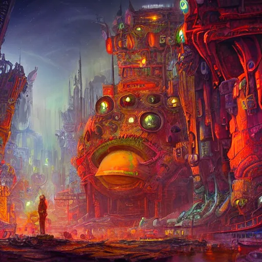 Prompt: dense alien city on ancient post - apocalyptic planet, jim henson creature shop, vivid and colorful, thomas kincaid, cinematic, oil painting, highly detailed, illustration