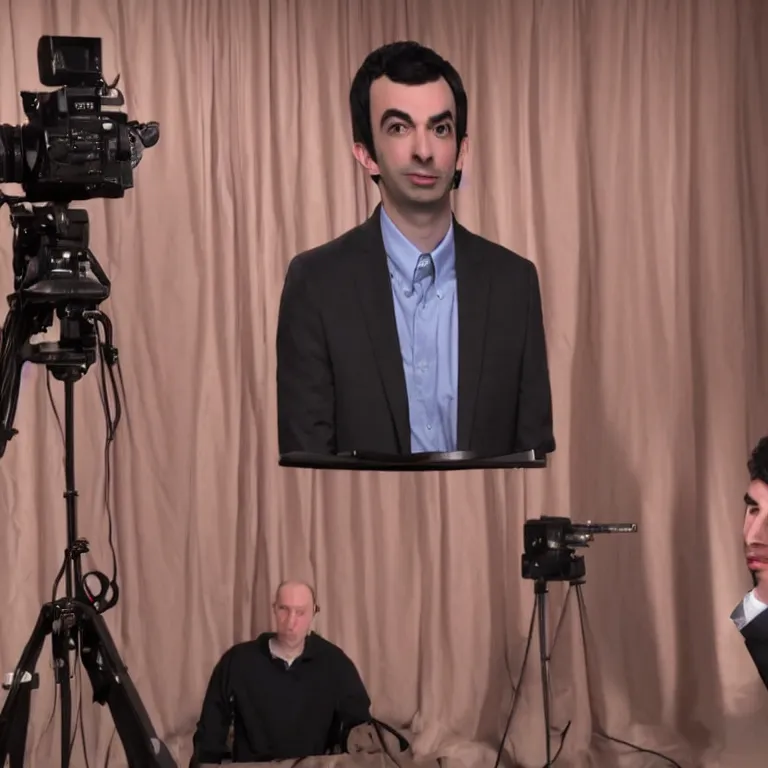 Image similar to focused dslr photograph of hundreds of nathan fielder from nathan for you on comedy central controlling a puppet version of himself filmed by a tv crew on a stage with a red curtain, meta, fractal, trippy, high detail!!! 8 k, photorealism, sharp focus, volumetric lighting, coherent!!! art directed, rule of thirds, face