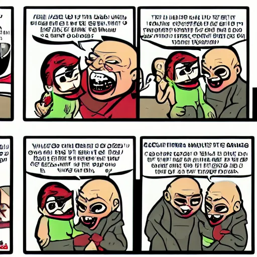 Prompt: screaming chucky doll in a comic strip with george rr martin