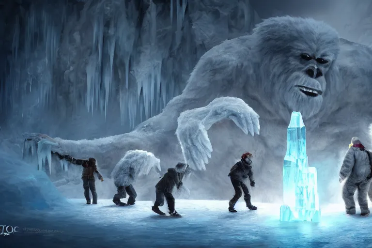 Image similar to a group of tourists discover a shy yeti behind blocks of ice, concept art, digital painting, trending on artstation, deviantart, highly detailed, perfect composition, dramatic lighting, sharp focus, 8 k uhd