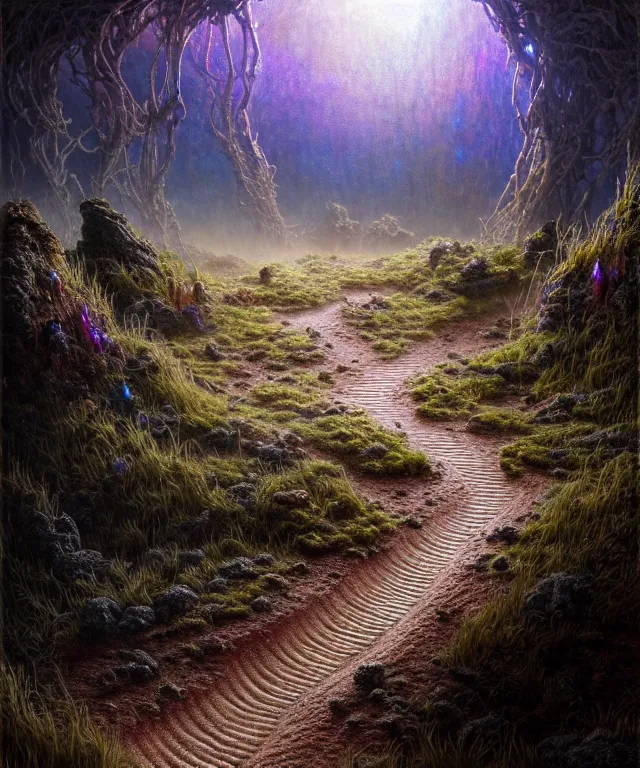 Image similar to hyperrealistic mixed media painting of a dirt trail across a fantasy landscape, stunning 3d render inspired art by P. Craig Russell and Barry Windsor-Smith + dim volumetric lighting, dizzy, full body, 8k octane beautifully detailed render, post-processing, extremely hyperdetailed, intricate, epic composition, grim yet sparkling atmosphere, cinematic lighting + masterpiece, trending on artstation, very very detailed, masterpiece, stunning