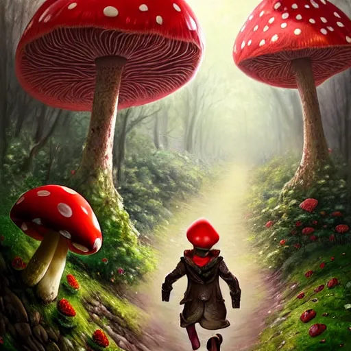 Image similar to portrait of Toad, running through a forest, in the Mushroom Kingdom, giant red and white spotted mushrooms, and roses, from behind, Castle in distance, birds in the sky, sunlight and rays of light shining through trees, beautiful, solarpunk!!!, highly detailed, digital painting by Michael Garmash and Peter Mohrbacher