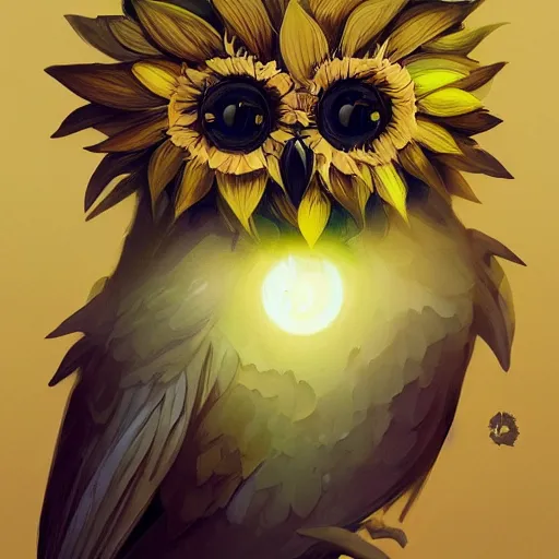 Prompt: beautiful peter mohrbacher illustration of a sunflower owl. 4k hq trending on artstation