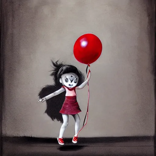 Image similar to grunge cartoon painting of a little girl playing with a jump rope with a wide smile and a red balloon by chris leib, loony toons style, pennywise style, horror theme, detailed, elegant, intricate