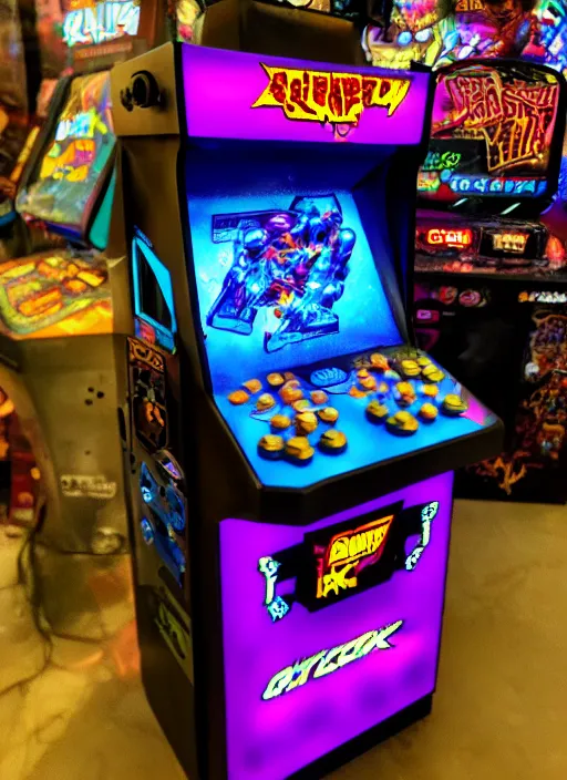 Image similar to cyberpunk claw toy prize machine, sign that says glitch, in an arcade