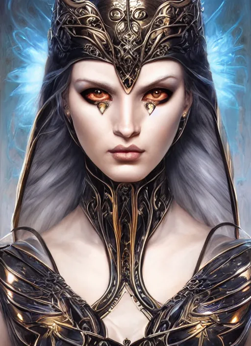 Image similar to a highly detailed symmetrical painting of a female model fantasy amazon with piercing beautiful eyes, trending art by artgerm and karol bak and mark brooks and donato giancola and bayard wu and gustav moreau and wayne barlowe