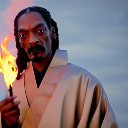 Image similar to cinematic film still of Snoop Dogg starring as a Samurai holding fire, Japanese CGI, VFX, 2022, 40mm lens, shallow depth of field, film photography