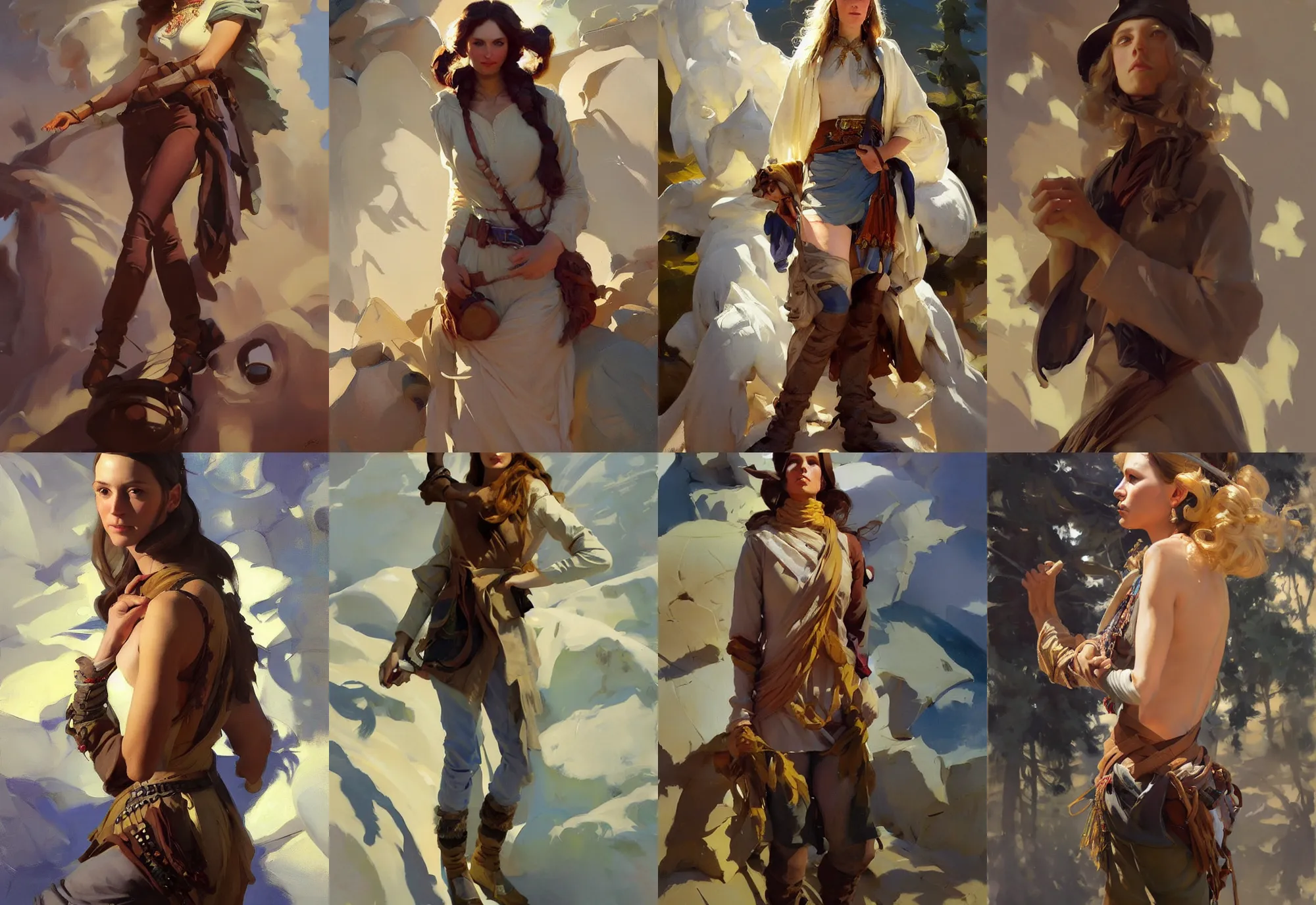 Image similar to in full growth portrait of hippie model girl jodhpurs hyperborea winter traveler treasure hunter greg manchess painting by sargent and leyendecker, fantasy, medium shot, asymmetrical, intricate, elegant, matte painting, illustration, hearthstone, by rhads, by greg rutkowski, by greg tocchini, by james gilleard, by joe fenton