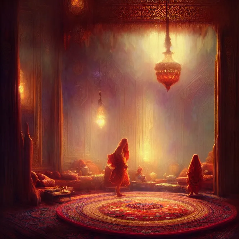 Image similar to magic fluffy Persian carpet dimension, by Greg Rutkowski and Gaston Bussiere, dim lighting, beautiful volumetric-lighting-style atmosphere, surreal atmosphere, intricate, detailed, photorealistic imagery, artstation