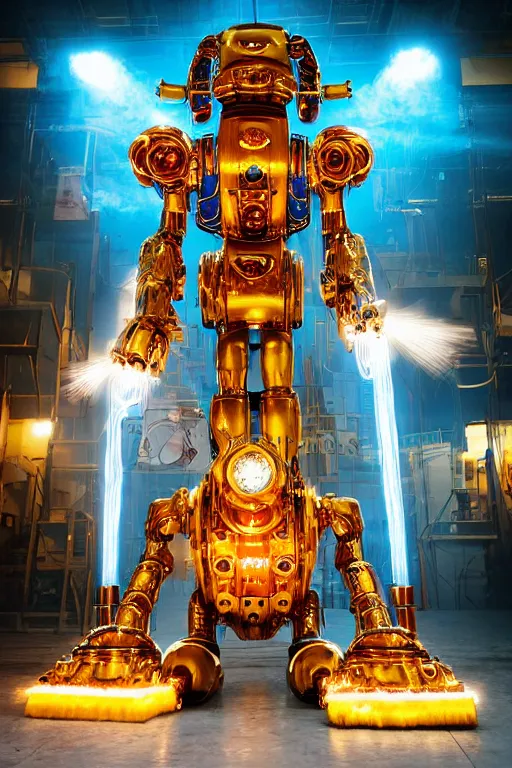 Image similar to portrait photo of a giant huge golden and blue metal humanoid steampunk robot cleaner robot, with gears tubes vaccuumcleaner, on the wet floor are mop and bucket, eyes are glowing red lightbulbs, shiny crisp finish, 3 d render, 8 k, insaneley detailed, fluorescent colors, background is multicolored lasershow