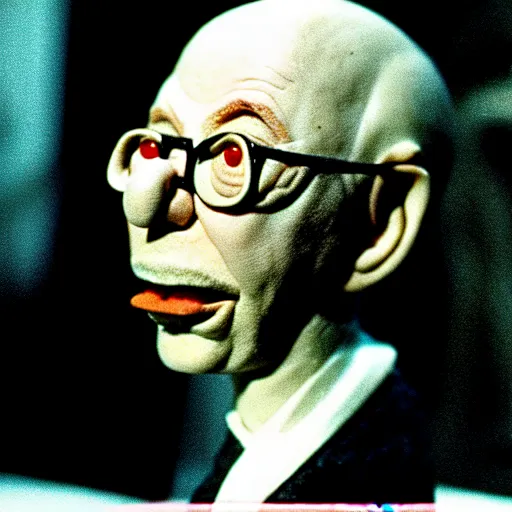 Prompt: claymation klaus schwab by jan svankmajer, hyperrealistic, very detailed, 3 5 mm film still, gothic, horror, eldritch