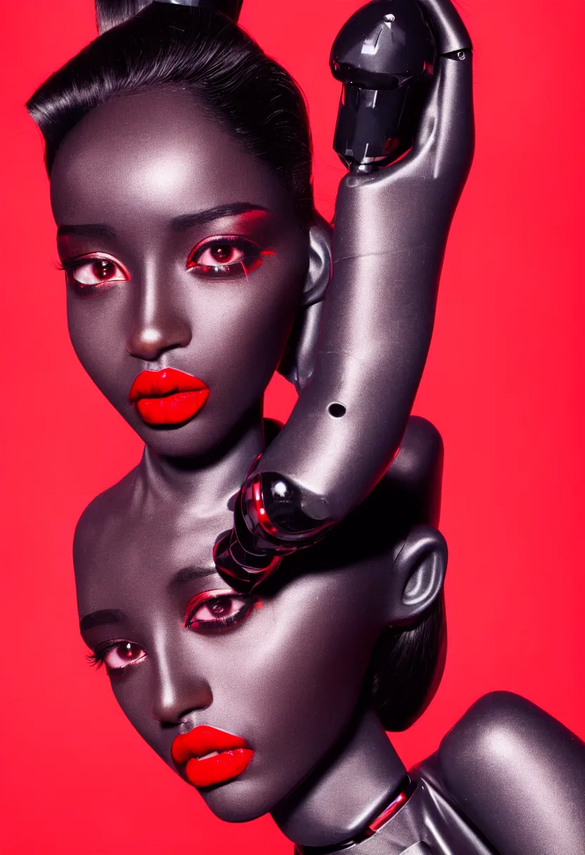 Image similar to medium shot, photograph of alluring dark skin female robot looking into camera, red lipstick, sharp focus,, chromatic abberations, as fashion editorial 90s