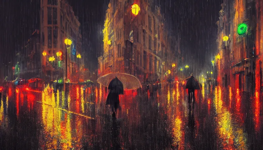 Image similar to brussels at rainy night, neons, lights, wet ground, people with umbrellas, hyperdetailed, artstation, cgsociety, 8 k