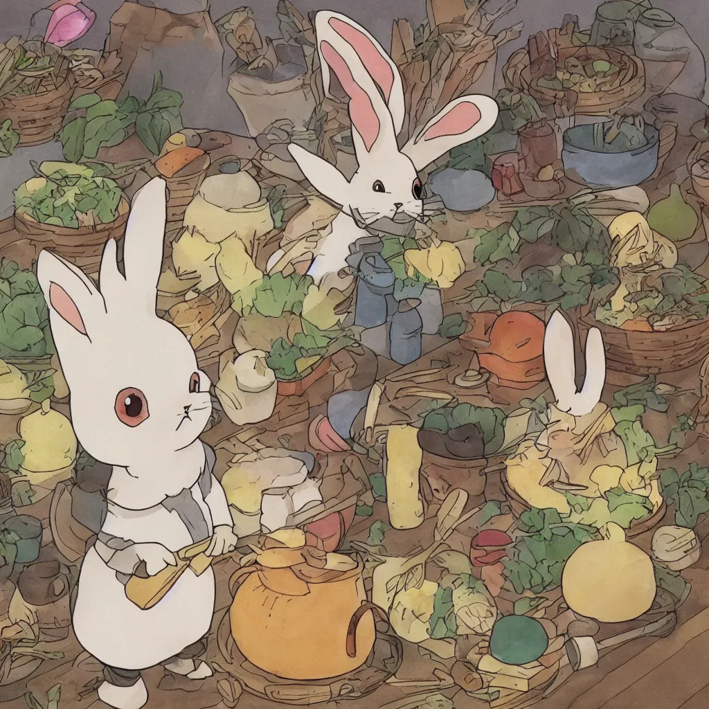 Image similar to a rabbit cooking in the style of studio ghibli