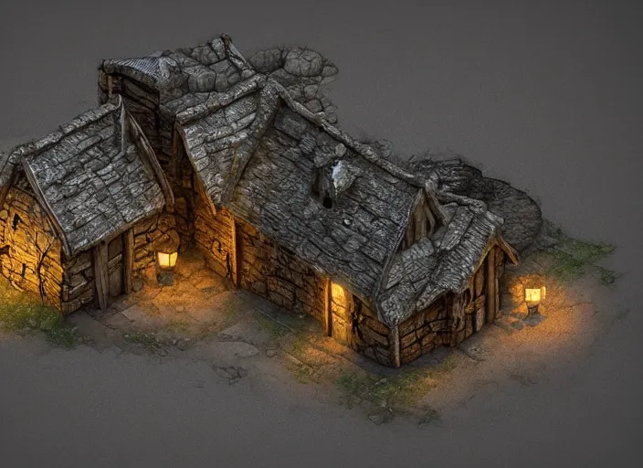 Prompt: medieval vampire village house, 3d model, miniature, iso, isometric view, gas lighting, stone and wood, dead tree, digital art, unreal engine