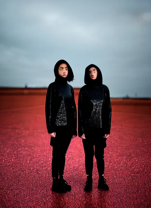 Prompt: cinestill 5 0 d photograph of 2 women wearing black techwear in front of a brutalist sharp - edged metal building, closeup, on a desolate plain, red glitter sky, sigma 8 5 mm f / 1. 4, 4 k, depth of field, high resolution, highly detailed, 4 k, 8 k, hd, full color, raw