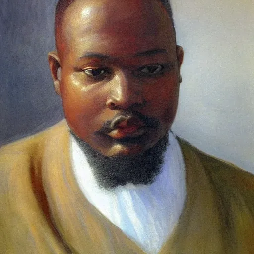 Image similar to a painting of a elegant, chubby, smooth-chinned, long nose, African, elder with few eyebrows by Henry Ossawa Tanner . thinker without facial hair, thoughtful, focused, visionary, calm, jovial, loving, fatherly, generous, . dramatic angle, ethereal lights, details, smooth, sharp focus, illustration, realistic, cinematic, artstation, award winning, rgb , unreal engine, octane render, cinematic light, macro, depth of field, blur, red light and clouds from the back, highly detailed epic cinematic concept art CG render made in Maya, Blender and Photoshop, octane render, excellent composition, dynamic dramatic cinematic lighting, aesthetic, very inspirational, arthouse.