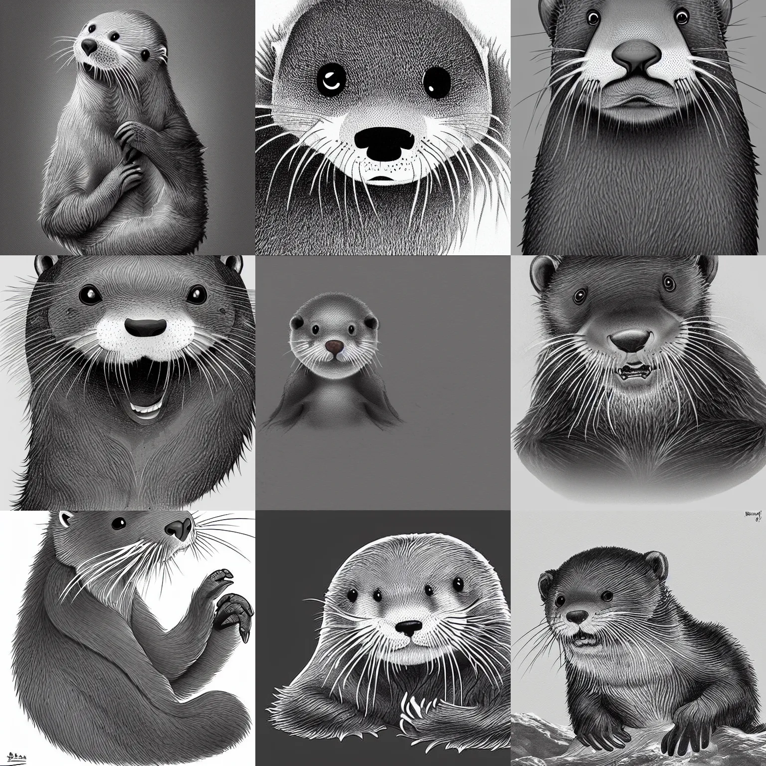 Prompt: cute otter, naranbaatar ganbold, concept art, highly detailed, eddotorial illustration, b & w