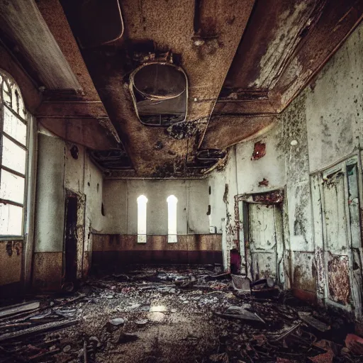 Image similar to photography of inside of an abandoned old opera fitlh and grim apex, creepy, dark atmosphere, ray of sun from the rooftop, colorized, wide angle, 1 6 mm lens fujifilm, grainy film