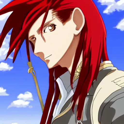 Prompt: male sky-pirate with long red hair in front of a steampunk airship, full metal alchemist, anime style