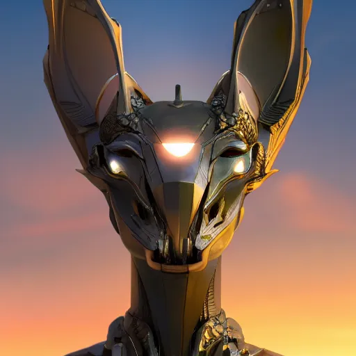 Image similar to stunning headshot of a beautiful anthropomorphic robot female dragon, with smooth and streamlined armor, standing and posing elegantly, well detailed dragon head with epic detailed LED eyes maw, sharp and dangerous sleek design, two arms, beautiful digital art, artstation, DeviantArt, FurAffinity, professional, depth of field, close-up, hd, octane render, sunset lighting