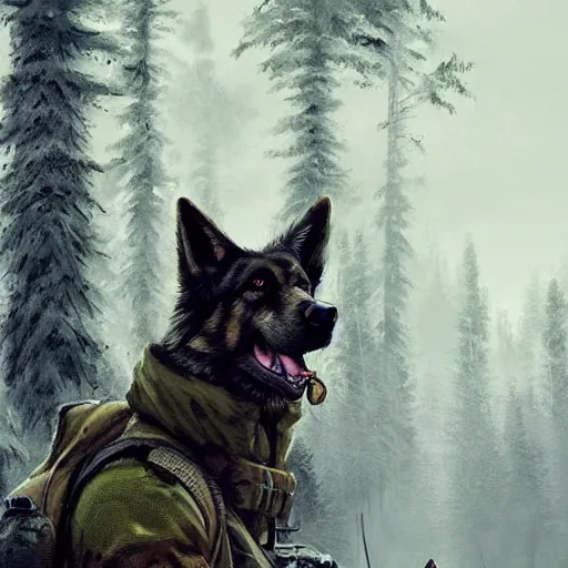 Prompt: Norwegian forest war action portrait of furry anthro anthropomorphic german shepard head animal person fursona wearing clothes modern soldier tactical digital art by Greg Rutkowski, Simon Stalenhag, trending on Artstation, CGSociety