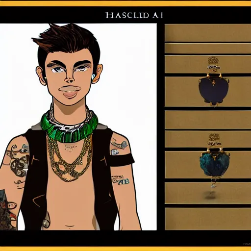 Image similar to a character final draft sheet of a handsome young man wearing excessive jewelry in a tasteful way