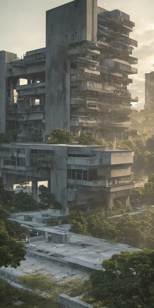 Image similar to brutalist architecture by Le Corbusier, high magnificent abandoned buildings, surrounded by lush green vegetation, stunning volumetric lighting, sunset, solid concrete, stunning skies, trending on Artstation, 8k, photorealistic, hyper detailed, unreal engine 5, IMAX quality, cinematic, epic lighting, in the style of DOOM and Quake and Greg Rutkowski