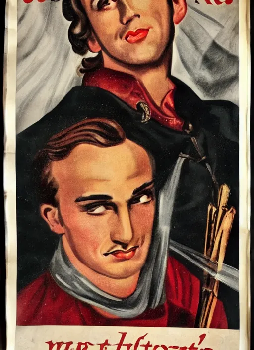 Prompt: portrait of glamorous medieval man with annoyed gesture, 1940s propaganda poster, full hd,highly detailed