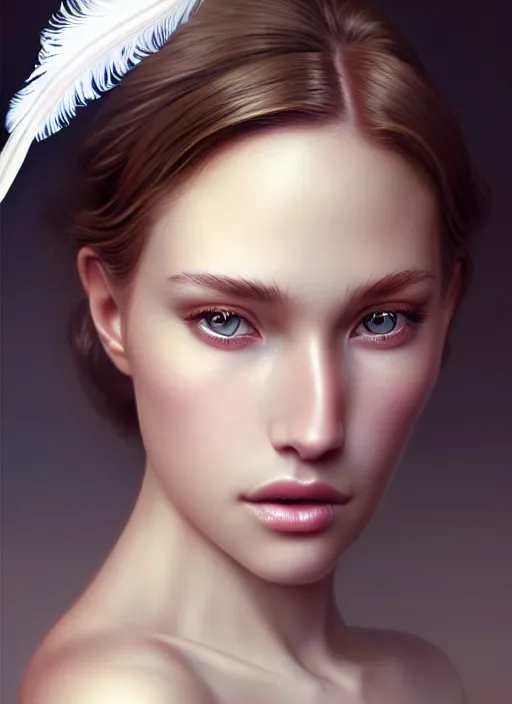 Image similar to a gorgeous female photo, professionally retouched, soft lighting, wearing a feather dress, realistic, smooth face, perfect eyes, wide angle, sharp focus on eyes, 8 k high definition, insanely detailed, intricate, elegant, art by artgerm and greg rutkowski and mark hill