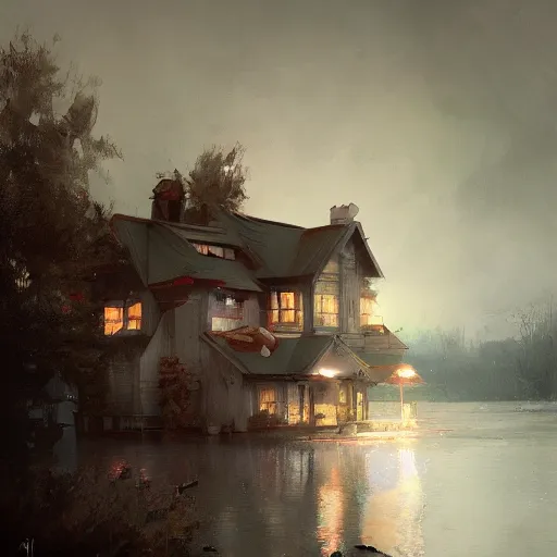 Image similar to a house by the lake, painted by raymond swanland, painted by greg rutkowski, painted by jeremy mann, painted by artgerm, painted by igor kieryluk, trending on artstation