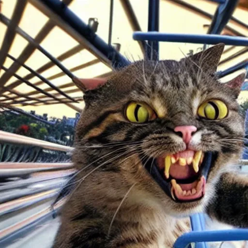 Image similar to selfie of a shouting cat riding a roller - coaster, highly - detailed realistic award - winning