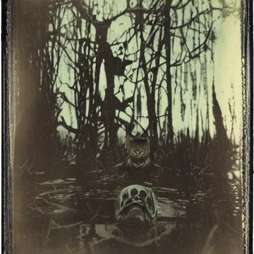 Image similar to creepy lovecraftian monster in swamp, 1910 Polaroid photo