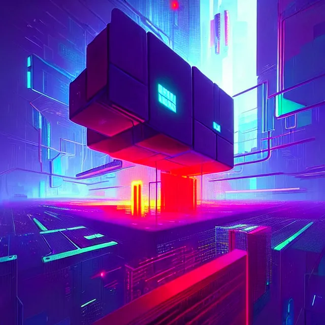 Image similar to a cyberpunk colorful cubes interconnected with glowing tubes, giant tubes connecting separate blocks, blockchain, symmetry, intricate, volumetric lighting, beautiful, rich deep colors masterpiece, sharp focus, ultra detailed, in the style of john harris